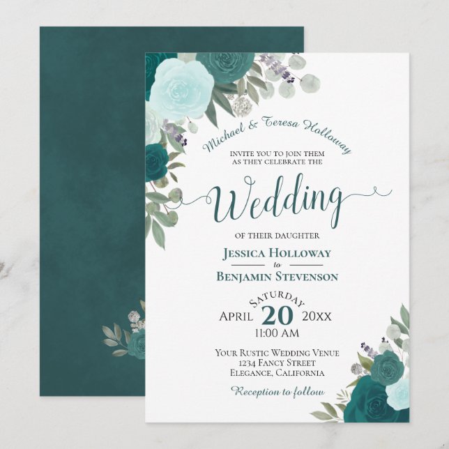 Elegant Teal Watercolor Floral Formal Wedding Invitation (Front/Back)