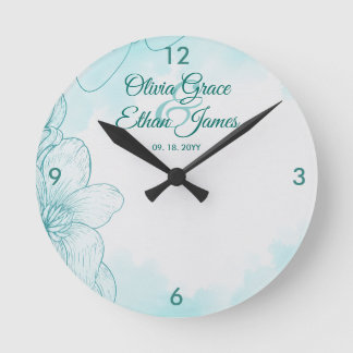 Elegant Teal Watercolor Floral Wedding Invitation Round Clock