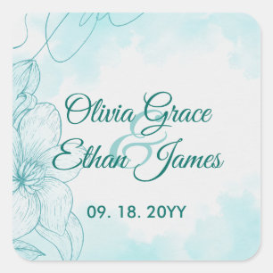 Elegant Teal Watercolor Floral Wedding Invitation Square Sticker