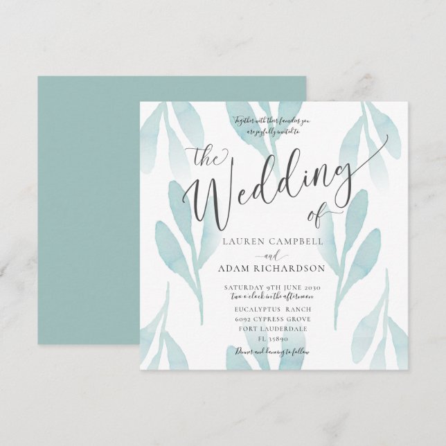 Elegant Teal Watercolor Foliage Wedding Invitation (Front/Back)