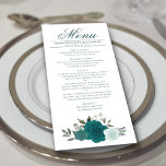 Elegant Teal Watercolor Roses Boho Chic Wedding Menu<br><div class="desc">This beautiful menu will add some style to your wedding reception. It features a beautiful boho chic floral design with a cluster of hand painted watercolor roses in shades of teal, turquoise, aqua, and cyan, along with sprigs of eucalyptus leaves and garden greenery. There is space for the names of...</div>