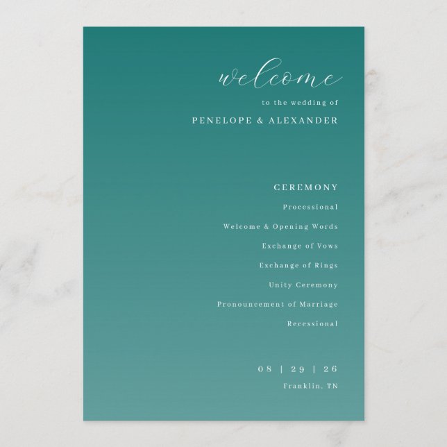Elegant Teal Wedding Ceremony Program Programme (Front)