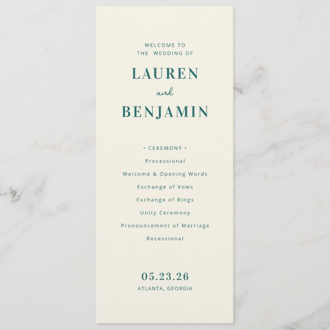 Elegant Teal Wedding Ceremony Schedule Programme (Front)