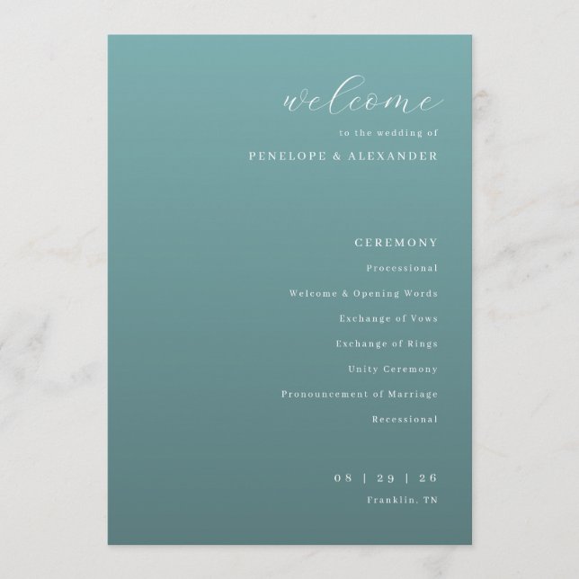 Elegant Teal Wedding Ceremony Schedule Programme (Front)
