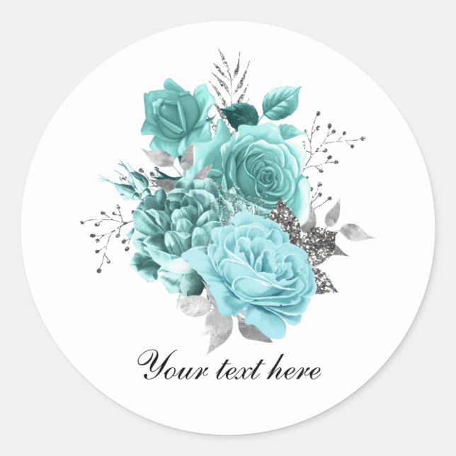 Elegant teal Wedding roses customisable Classic Round Sticker (Front)