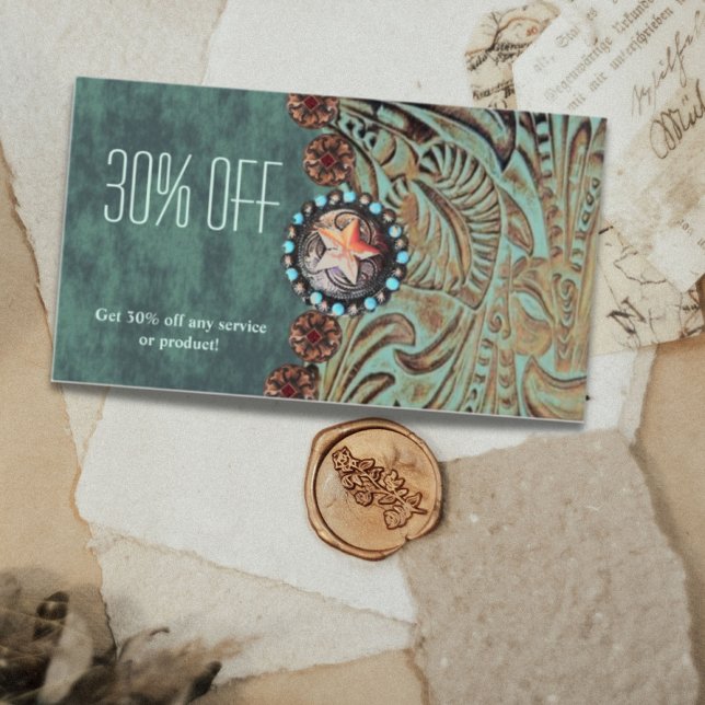 elegant teal western country tooled leather business card (Creator Uploaded)