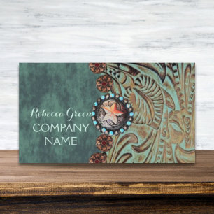 elegant teal western country tooled leather business card