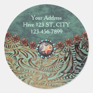 elegant teal western country tooled leather classic round sticker