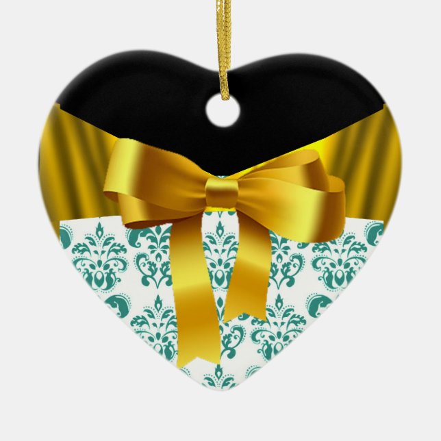 ELEGANT TEAL WHITE DAMASK GOLD RIBBON MONOGRAM CERAMIC TREE DECORATION (Front)