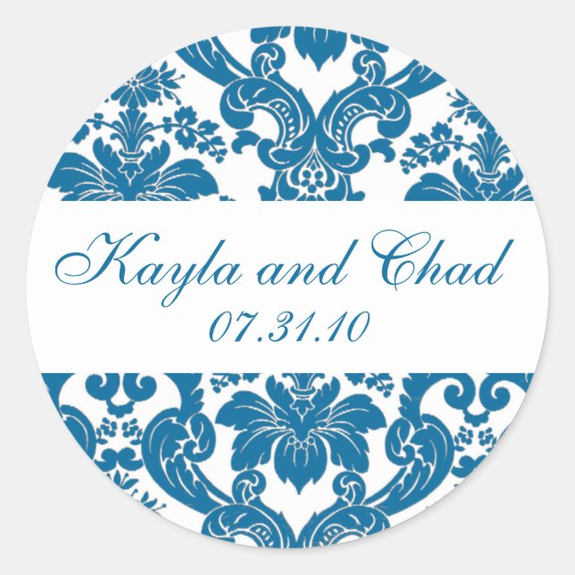Elegant Teal White Floral Damask Wedding Classic Round Sticker (Front)
