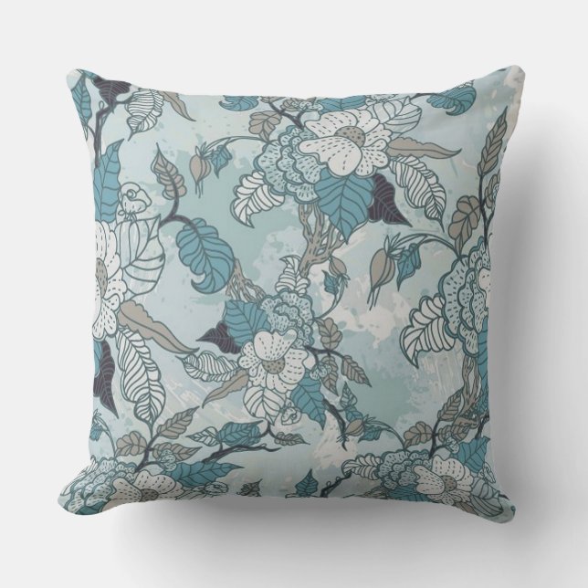 Elegant Teal & White Floral Throw Pillow (Front)