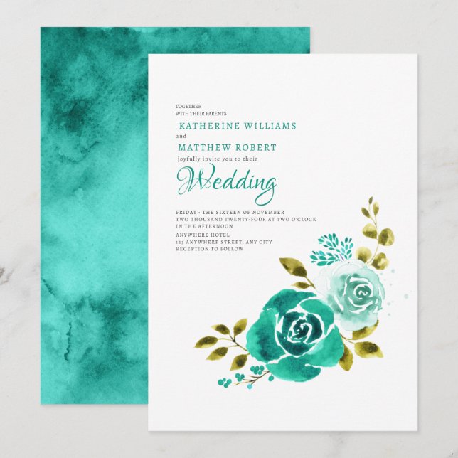  Elegant Teal White  Floral Wedding  Invitation (Front/Back)