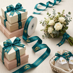 Elegant Teal white Personalised Name Satin Ribbon