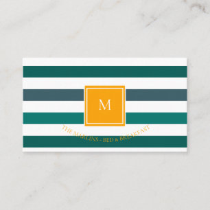Elegant Teal White Striped Monogram Business Card
