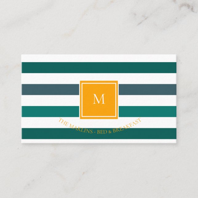 Elegant Teal White Striped Monogram Business Card (Front)