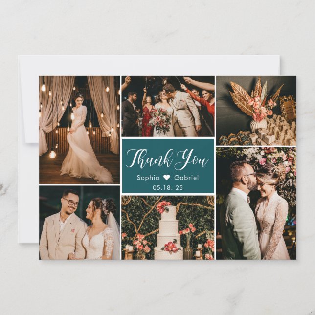 Elegant Teal White Wedding Multi Photo Collage Thank You Card (Front)