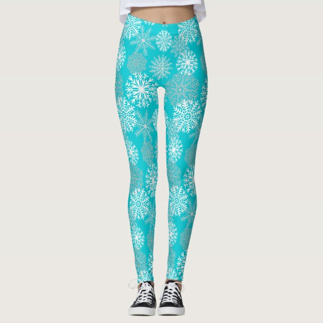 Elegant Teal Winter Snowflakes Holiday Christmas Leggings (Front)