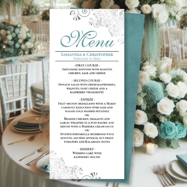 Elegant Teal with Silver Swirls on White Wedding Menu (Front/Back)