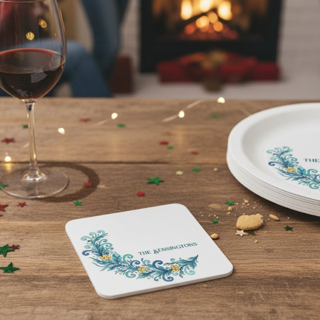 Elegant Teal & Yellow Floral Paper Coaster (Personalized Holiday Christmas Swag Paper Drink Coaster)