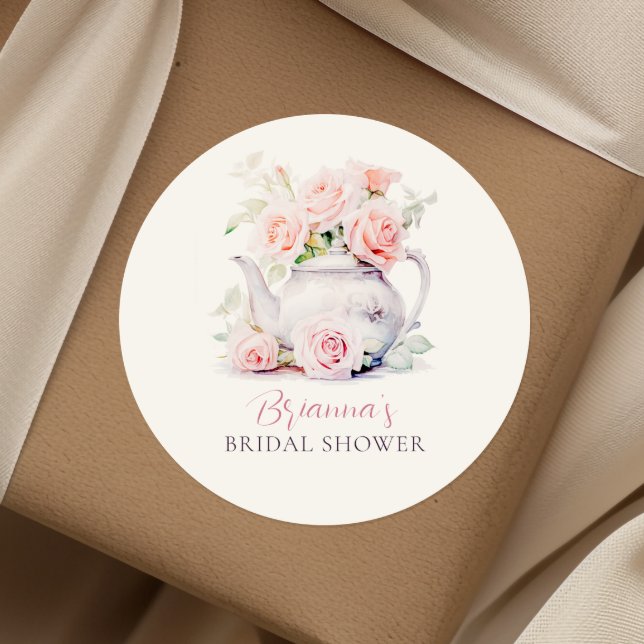 Elegant Teapot and Blush Pink Roses Bridal Shower  Classic Round Sticker (Creator Uploaded)