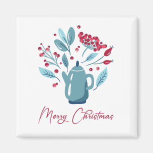 Elegant Teapot Bouquet Merry Christmas  Magnet