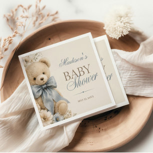 Elegant Teddy Bear Blue Bow Baby Shower Napkin