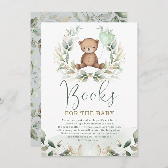 Elegant Teddy Bear Greenery Gold Books for Baby Enclosure Card (Front/Back)