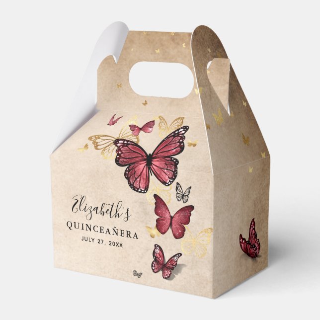 Elegant Template Gold and Burgundy Butterfly Favour Box (Front Side)