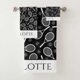 Elegant Tennis Ball Racket Pattern Stylish Black Bath Towel Set