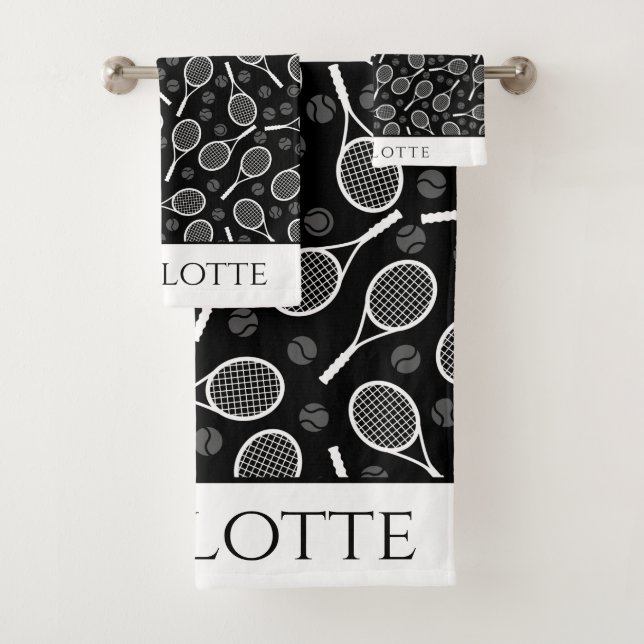 Elegant Tennis Ball Racket Pattern Stylish Black Bath Towel Set (Insitu)