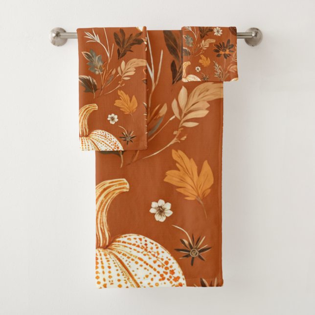 Elegant Terra Cota Pumpkin Autumn Floral Pattern  Bath Towel Set (Insitu)