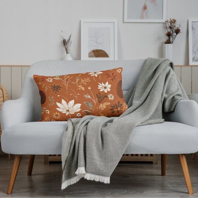 Elegant Terra Cota Pumpkin Autumn Floral Pattern  Lumbar Cushion (Creator Uploaded)