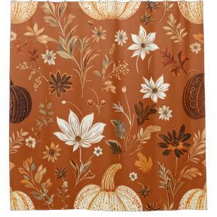 Elegant Terra Cota Pumpkin Autumn Floral Pattern  Shower Curtain