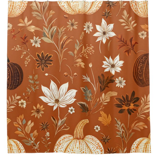 Elegant Terra Cota Pumpkin Autumn Floral Pattern  Shower Curtain (Front)
