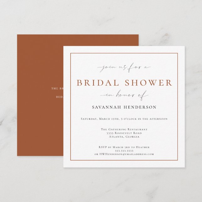 Elegant Terra Cotta Bridal Shower Classic Invitation (Front/Back)