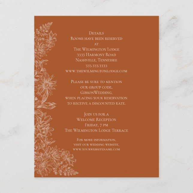 Elegant Terra Cotta Floral Wedding Details Enclosure Card (Front)