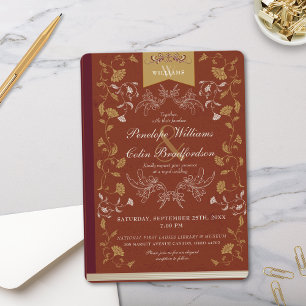Elegant Terra Cotta Gold Floral Book Cover Wedding Invitation