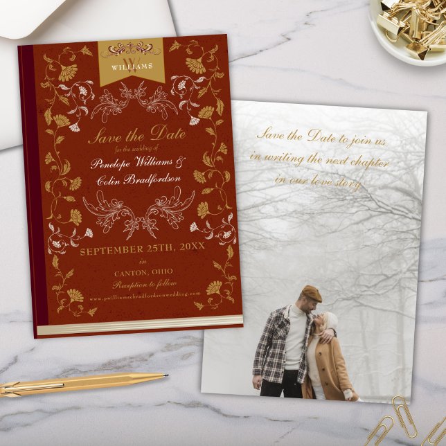 Elegant Terra Cotta Gold Wedding Save the Date Invitation (elegant terra cotta and gold wedding save the date invitation for vintage victorian era book lovers)