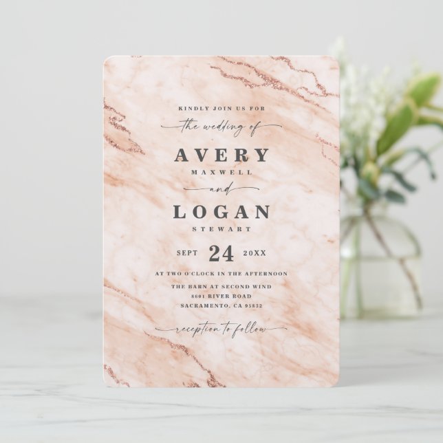 Elegant Terra Cotta Metallic Marble Wedding Invitation (Standing Front)