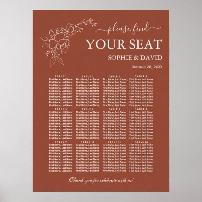 Elegant Terracotta 12 Table Seating Chart Wedding (Front)