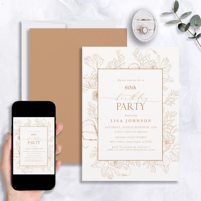 Elegant Terracotta 60th Birthday Floral Line Art Invitation (Creator Uploaded)