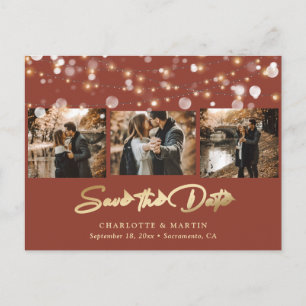Elegant Terracotta and Gold 3 Photo Save The Date Announcement Postcard