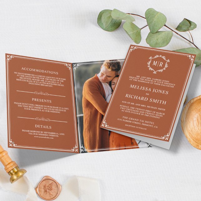 Elegant Terracotta and White Monogram Wedding Invitation (Creator Uploaded)