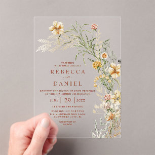 Elegant Terracotta & Beige Boho Floral Wedding Acrylic Invitations