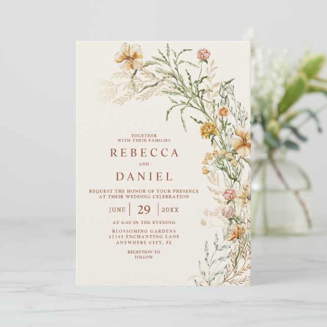 Elegant Terracotta & Beige Boho Floral Wedding Invitation (Standing Front)