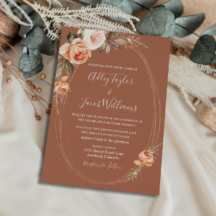 Elegant Terracotta Boho Floral Fall Wedding Invitation