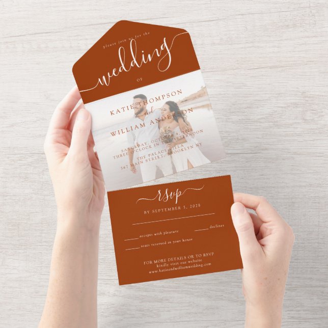Elegant Terracotta Calligraphy Photo Wedding All In One Invitation (Tearaway)