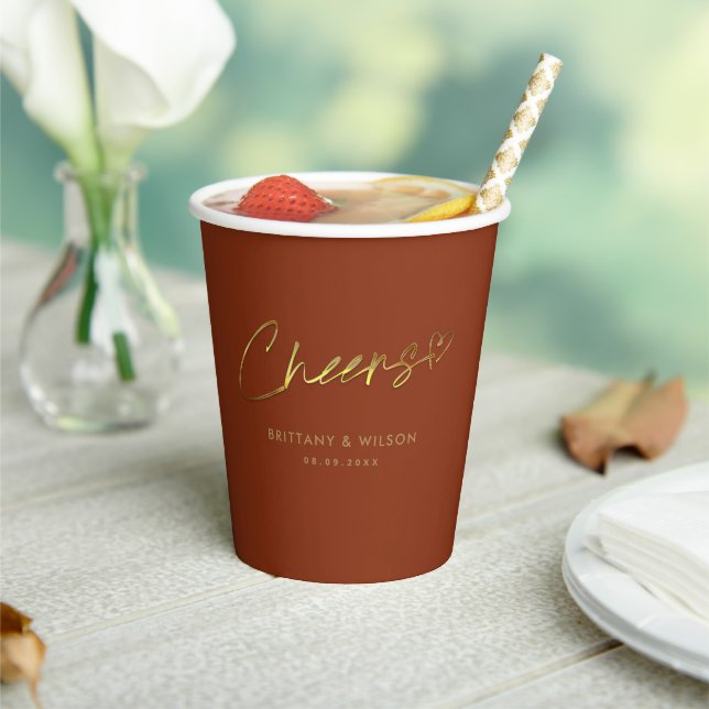 Elegant Terracotta Cheers Custom Wedding Paper Cup (Insitu)