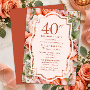 Elegant Terracotta Coral Roses 40th Birthday Party Invitation