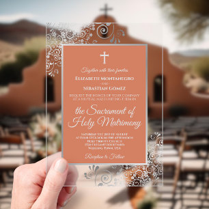 Elegant Terracotta Coral & Silver Catholic Wedding Acrylic Invitations